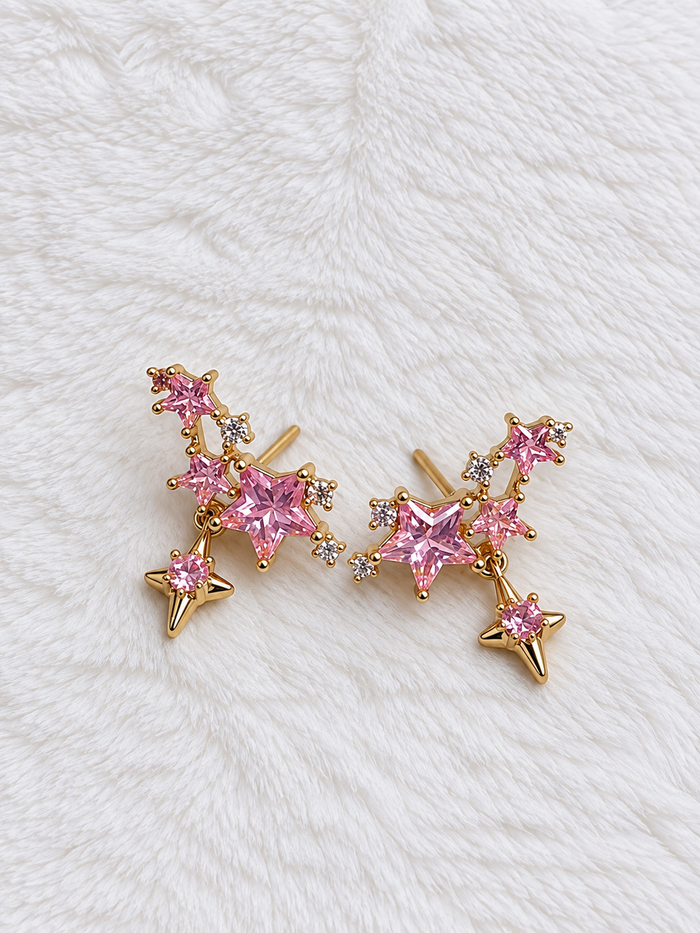 Aretes de Estrellas Rosa - Baño de Oro