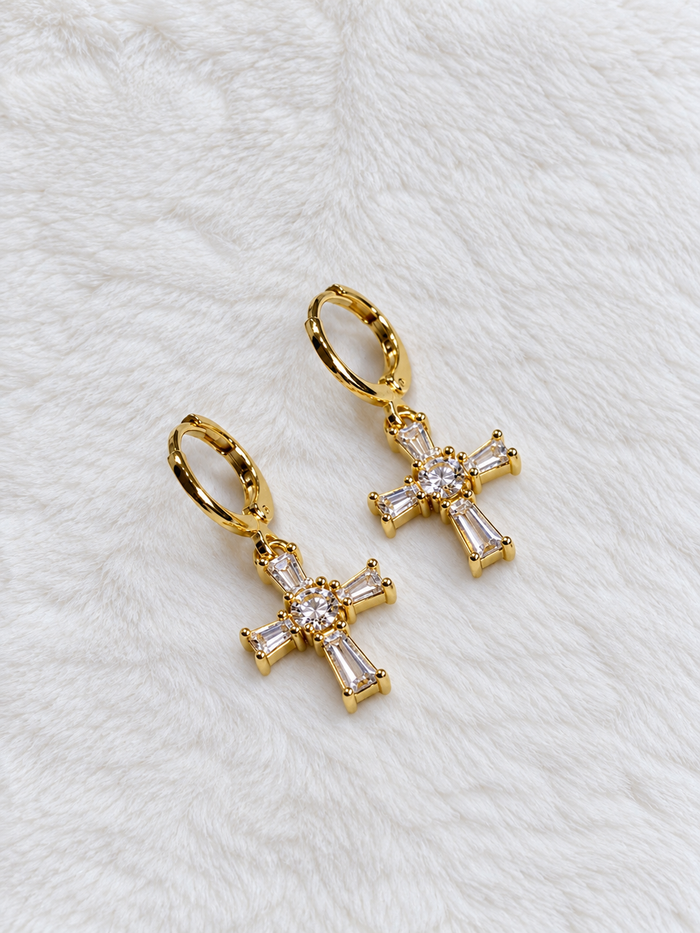 Aretes de Cruz de Cristal - Baño de Oro